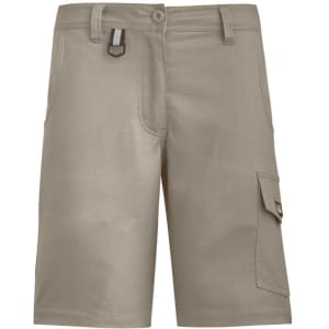 A pair of women's rugged cooling vented shorts in khaki, featuring a side cargo pocket and a logo.