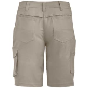 A pair of khaki women's rugged cooling vented shorts, featuring multiple pockets and a logo.