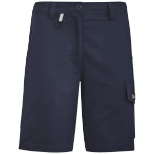 Navy work shorts with a cargo pocket and a logo. Designed for rugged use with vented features.