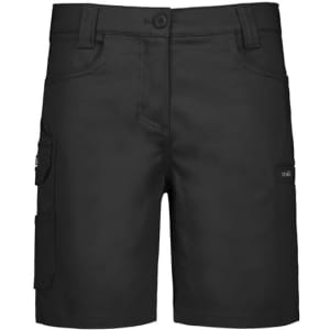 A black women's essential stretch cargo short with multiple pockets and a fitted waistband, featuring a logo.