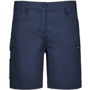 Navy women's essential stretch cargo shorts with side pockets and a logo. Suitable for casual wear.