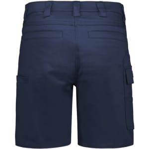 Navy women's essential stretch cargo shorts, featuring multiple pockets and a fitted design. Includes branding.