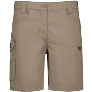 A pair of women's essential stretch cargo shorts in a light tan colour, featuring side pockets and a button closure.