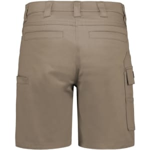 A pair of women's cargo shorts in khaki, featuring multiple pockets and a fitted design. The shorts have a logo.