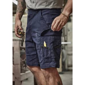 Work shorts in navy blue with multiple pockets and a pencil visible in the side pocket. Features a logo.