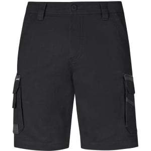 Black cargo shorts with multiple pockets and a waistband, featuring a logo. Suitable for workwear or casual wear.