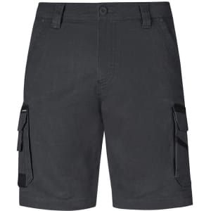 Dark grey men's shorts with cargo pockets and a button closure, featuring a branded logo.