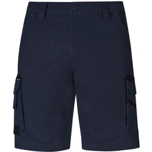 Navy blue cargo shorts featuring multiple side pockets and a front button closure. Includes a logo on the waistband.