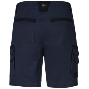 Navy men's shorts featuring cargo pockets and a logo at the waistband, designed for workwear purposes.