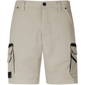 Beige work shorts with side cargo pockets and a logo. Suitable for outdoor use and practical wear.