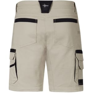 Men's work shorts in light beige with black accents and pockets. Features a branding logo on the back.
