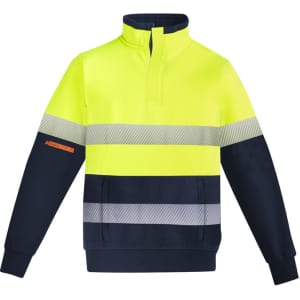 A fluorescent yellow and navy pullover with reflective hoop tape, featuring a quarter zip design and branding.