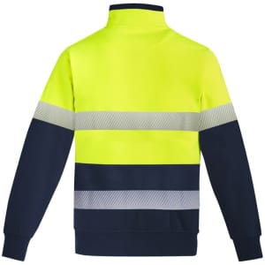 Hi-vis pullover in bright yellow and navy, featuring reflective hoop tape for visibility. Includes a collar and long sleeves.