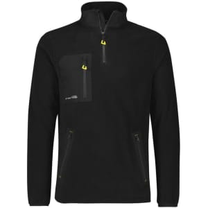 A black unisex polar fleece pullover with a quarter zip and multiple zippered pockets. It features a logo.