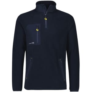 A unisex navy lightweight 1/4 zip polar fleece featuring a chest pocket and two side zip pockets. It has a logo.