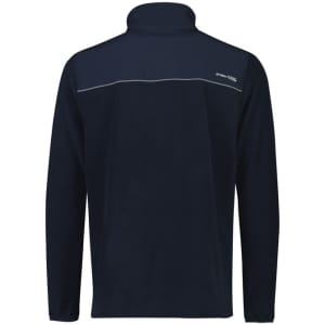 A navy unisex polar fleece with a 1/4 zip design, featuring a logo on the front.