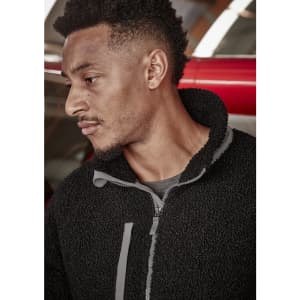 Unisex streetworx full zip sherpa fleece in black, featuring a high collar and a zip closure. Includes branding.