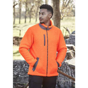 A bright orange unisex full zip Sherpa fleece jacket with zipped pocket and black accents. Features a logo.