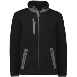 A black unisex full zip sherpa fleece jacket with grey accents and multiple zippered pockets.