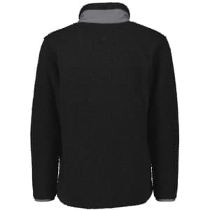 A black unisex full zip sherpa fleece jumper with a grey collar and cuffs, featuring a logo.