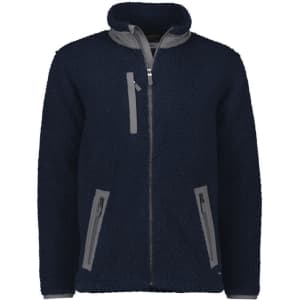 A unisex full zip sherpa fleece jumper in navy with grey accents and two zip pockets. Features a collar and a logo.