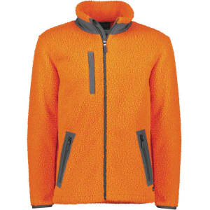 Unisex orange Sherpa fleece full zip jumper with grey accents and pockets, featuring a logo.
