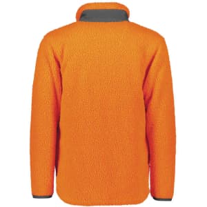 A bright orange unisex full zip sherpa fleece jacket, featuring long sleeves and a high collar.