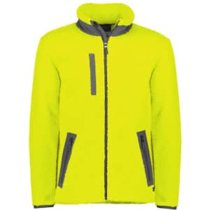 A bright yellow unisex fleece jacket with a full zip and grey accents, featuring zippered pockets and a stand-up collar.