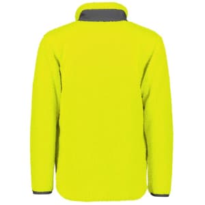 A bright yellow unisex full zip sherpa fleece jumper with a grey collar and cuffs, featuring a logo.