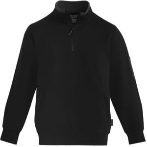 A black unisex 1/4 zip brushed fleece pullover with a logo and a front pocket.