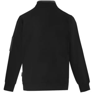 A unisex black 1/4 zip brushed fleece pullover with long sleeves and a logo on the side.