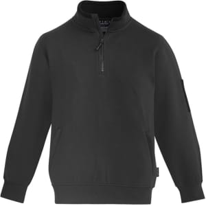 A black unisex 1/4 zip brushed fleece pullover featuring long sleeves and a zippered collar. The pullover has a logo.