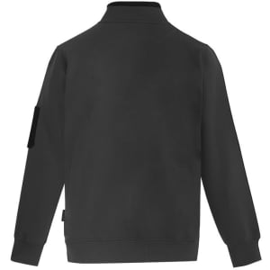 A black unisex 1/4 zip brushed fleece pullover with a collar and a side pocket. Features a logo on the fabric.