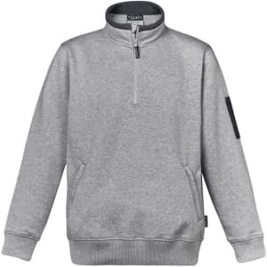 A grey unisex 1/4 zip brushed fleece pullover featuring a logo on the sleeve and ribbed cuffs.