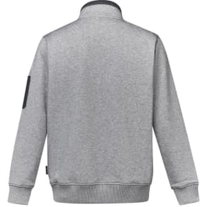 A grey unisex 1/4 zip brushed fleece pullover with a collar and a pocket on the arm.