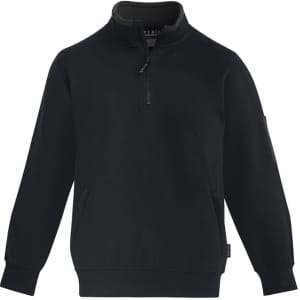 A unisex black 1/4 zip brushed fleece pullover featuring long sleeves and a logo detail.