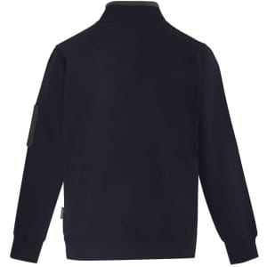 A unisex black 1/4 zip brushed fleece pullover featuring a grey collar and a logo on the sleeve.