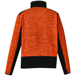 A unisex 1/2 zip pullover in orange with black detailing, featuring a logo on the back.