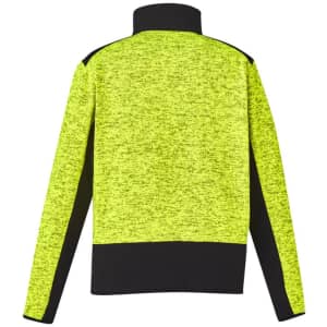 A bright yellow and black unisex half-zip pullover with a textured design and a logo on the back.