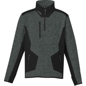 A green and black unisex pullover featuring a half zip, reinforced knit fabric, and has a logo.