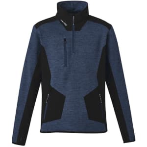 A unisex half-zip pullover in navy blue with black accents and a logo. Features zip pockets and reinforced knit design.