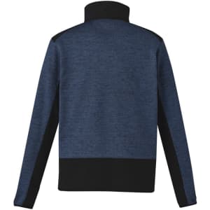A navy and black unisex pullover with a 1/2 zip and a reinforced knit, designed for workwear.