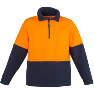 A unisex hi-vis pullover featuring an orange upper and navy lower section, with a half zip and long sleeves.