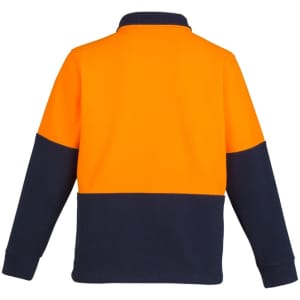 Unisex hi-vis 1/2 zip polar fleece pullover in orange and navy, featuring a collar and long sleeves.