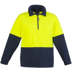 A unisex hi-vis polar fleece pullover featuring a bright yellow upper and navy lower, complete with a half-zip collar.