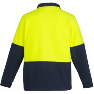 A unisex hi-vis 1/2 zip polar fleece pullover in bright yellow and navy, featuring a logo.
