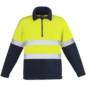 A unisex high-visibility polar fleece pullover in bright yellow with navy blue accents and reflective hoop taping.