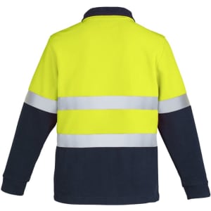 A unisex hi-vis polar fleece pullover in fluorescent yellow and navy, featuring hoop tape reflective stripes on the back.
