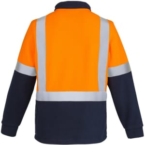 Unisex hi-vis polar fleece pullover featuring fluorescent orange and navy, with shoulder tape and a logo.