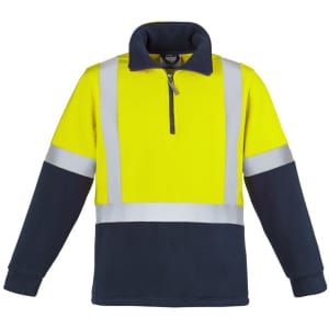 A hi-vis polar fleece pullover in bright yellow and navy, featuring reflective shoulder tape and a zip front.